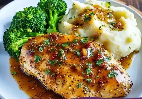 Baked Honey Dijon Chicken garnished with herbs on a plate