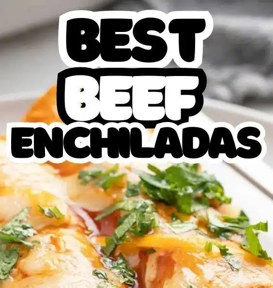 Plate of homemade beef enchiladas topped with cheese and sauce
