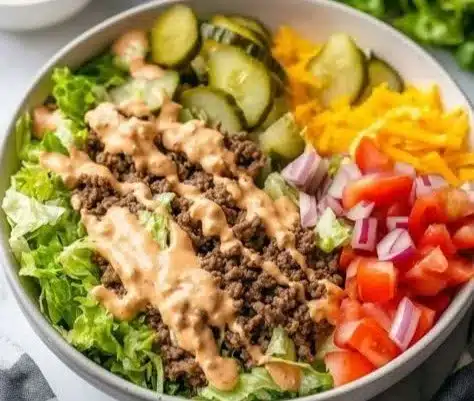 Delicious Big Mac Bowl filled with layers of beef, cheese, lettuce, and special sauce