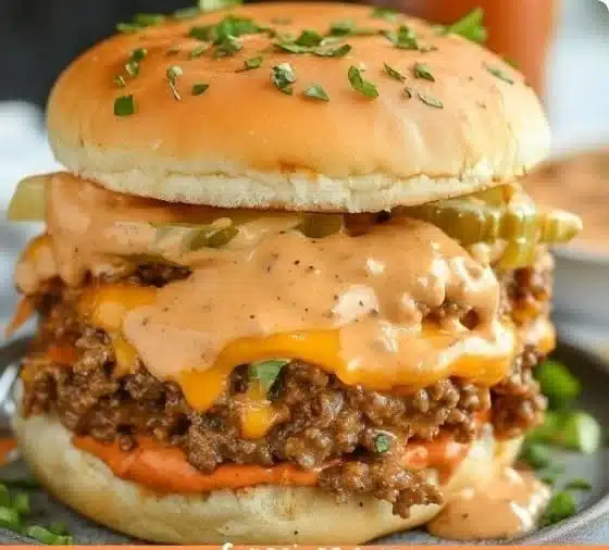 Big Mac Sloppy Joes topped with special sauce, served on a plate.
