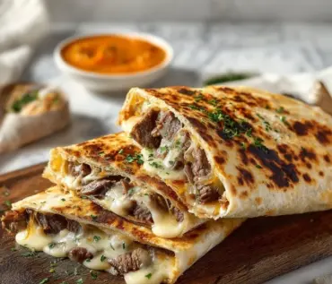Delicious cheesesteak grilled wraps filled with steak, cheese, and fresh vegetables.