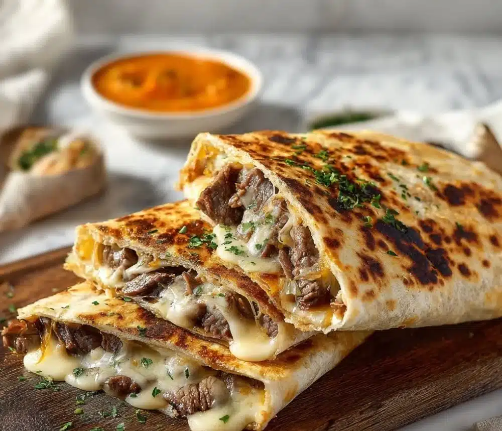 Delicious cheesesteak grilled wraps filled with steak, cheese, and fresh vegetables.