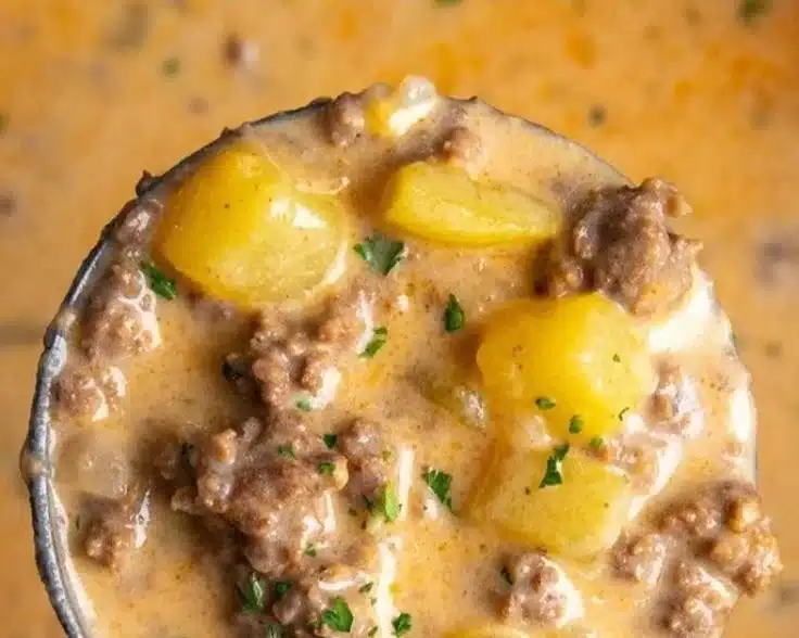 Delicious bowl of cheesy beef and potato soup garnished with herbs