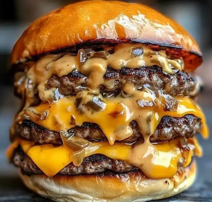 Cheesy burgers with a sauce | Double cheeseburger with special New York sauce, Cheeseburgers with special New York sauce, Steak sauce burgers