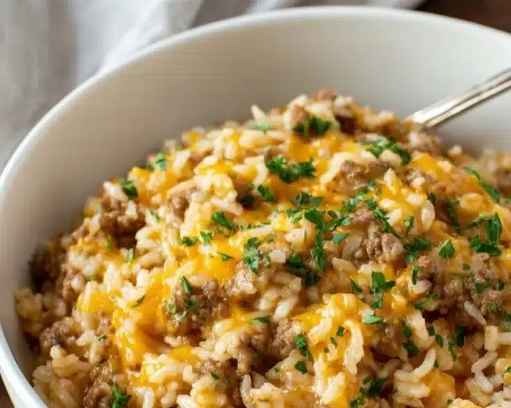 Cheesy Ground Beef and Rice Casserole topped with melted cheese and herbs