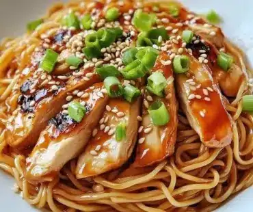 Delicious Chicken Teriyaki Noodles topped with fresh vegetables