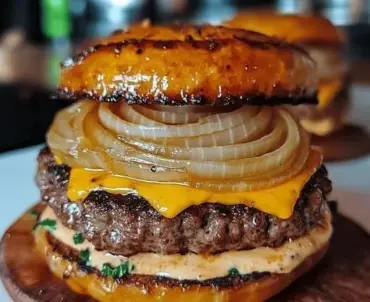 Classic Dutchman Burger with toppings on a wooden plate
