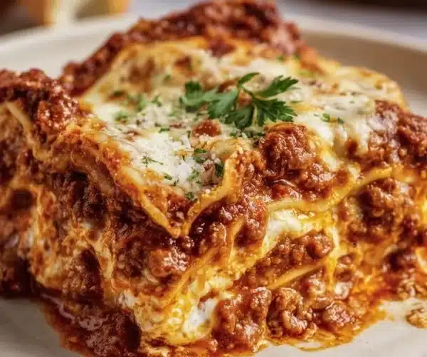 Delicious classic lasagna recipe featuring layers of cheese, sauce, and pasta.