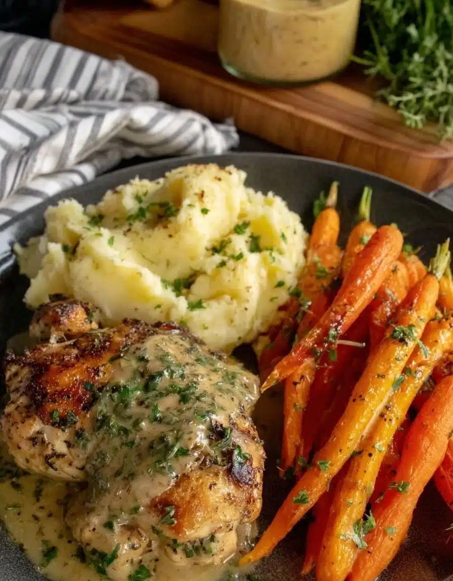 Creamed carrots with chicken served alongside mashed potatoes in a healthy meal