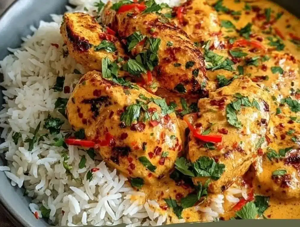Creamy peri-peri chicken served with rice on a plate