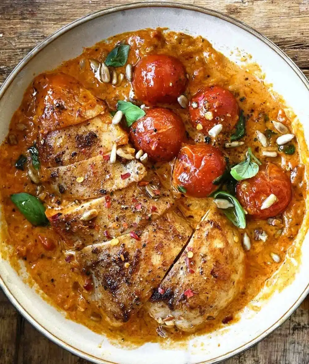 Creamy red pesto chicken with cherry tomatoes garnished on a plate