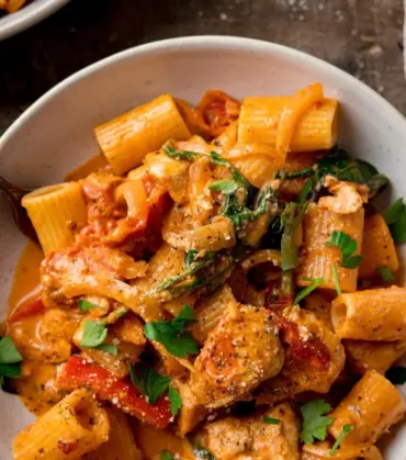 Creamy Tuscan chicken pasta served in a bowl with fresh herbs