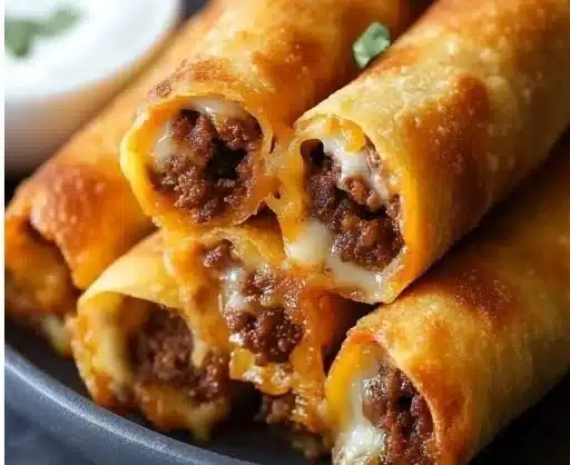 Plate of crispy beef taquitos served with dipping sauce