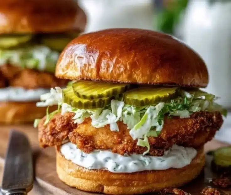Crispy Dill Chicken Sandwich topped with homemade aioli on a plate.