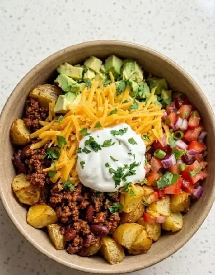 Taco bowl with crispy potatoes, cheese, salsa, and sour cream