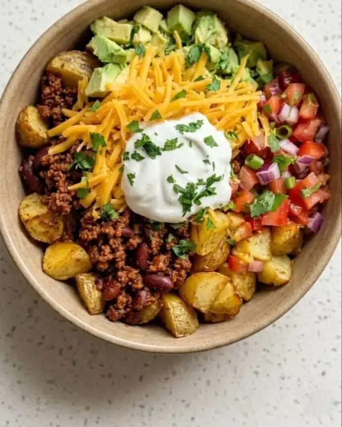 Crispy seasoned potatoes piled high with all your favorite taco toppings. Melty cheese, fresh salsa, cool sour cream, and… | Taco with potatoes and cheese, Taco bowl recipe with potatoes, Burrito bowl no rice.