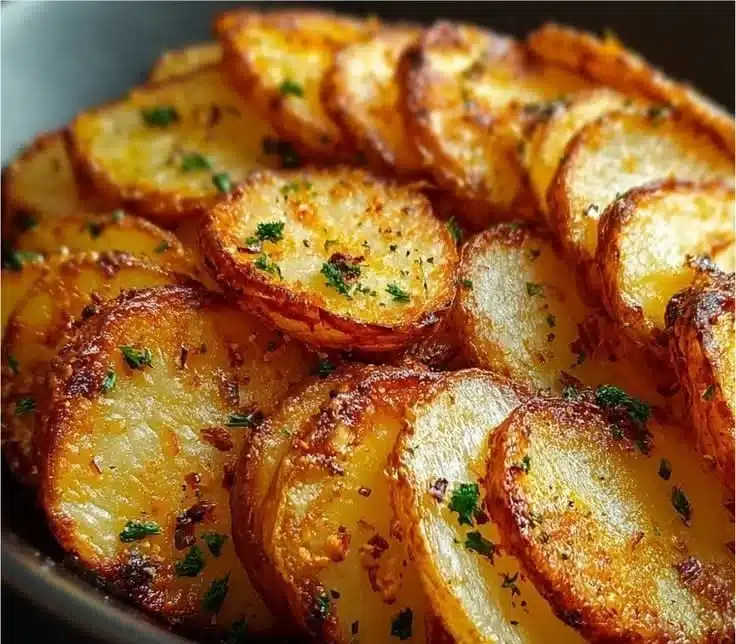 Crispy sliced potatoes baked in the oven, served as a delicious side dish.