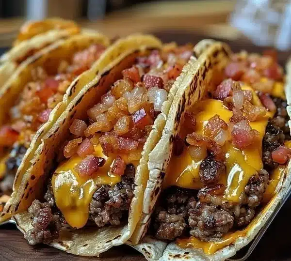 Loaded bacon cheeseburger tacos topped with cheese and fresh ingredients