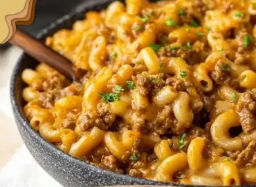 Delicious cheeseburger macaroni made with ground beef and creamy pasta.