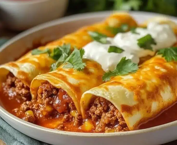 Delicious ground beef enchiladas served on a plate with toppings.