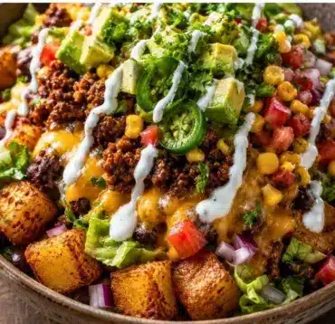 Loaded taco potato bowl with toppings for a quick family dinner