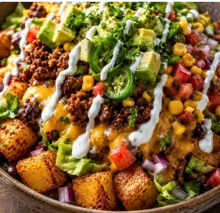 Loaded taco potato bowl with toppings for a quick family dinner