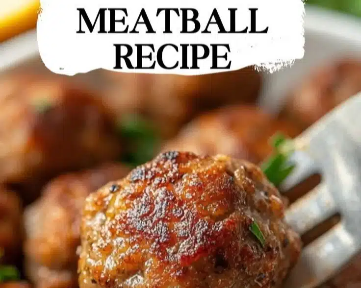 Plate of easy meatballs served with marinara sauce and spaghetti