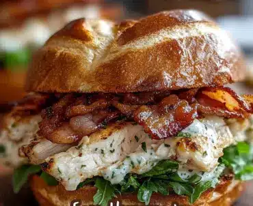 Chopped chicken bacon ranch sandwich on a plate with fresh ingredients