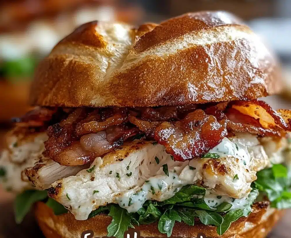 Chopped chicken bacon ranch sandwich on a plate with fresh ingredients