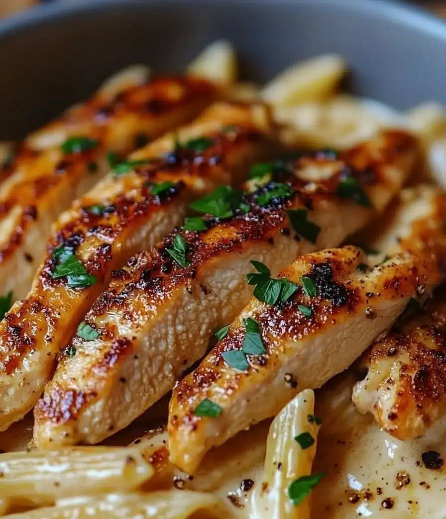 Creamy garlic parmesan chicken pasta served in a bowl