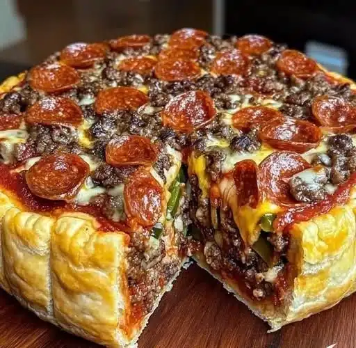 Delicious Pizza Burger Pie featuring beef, cheese, and pepperoni toppings.