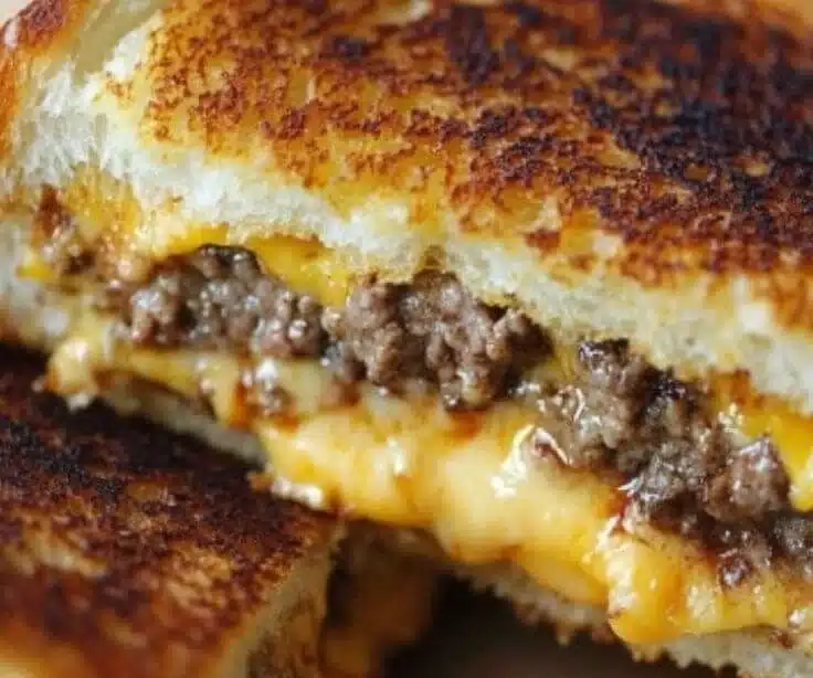 Grilled cheese patty melts with golden-brown bread and melted cheese