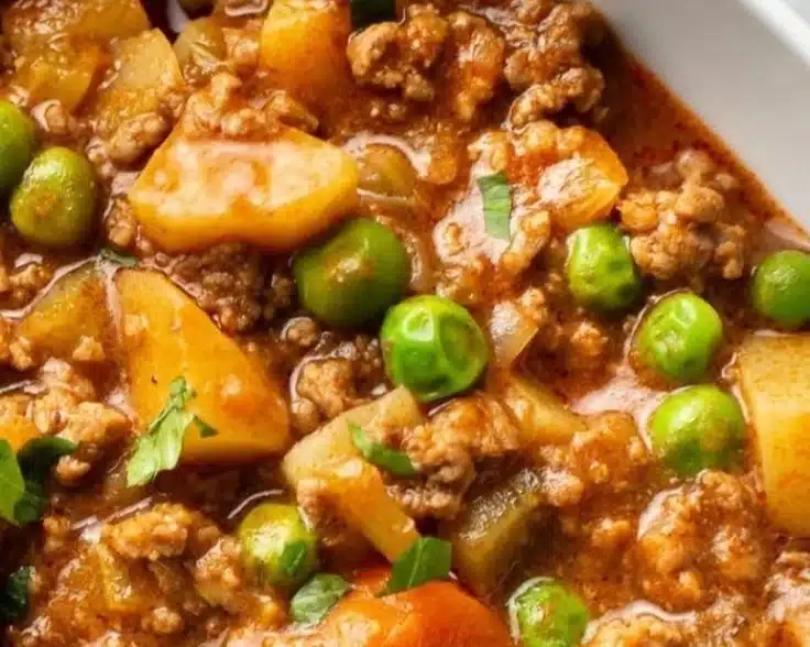 A bowl of homemade hamburger stew with vegetables and herbs