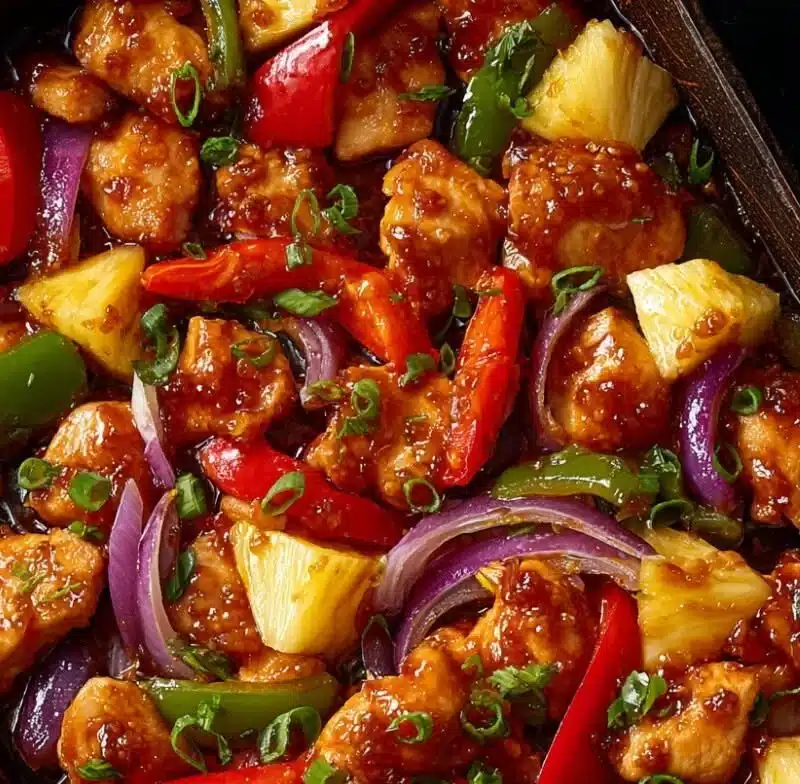 Delicious Hawaiian Pineapple Chicken Dinner served with vibrant vegetables
