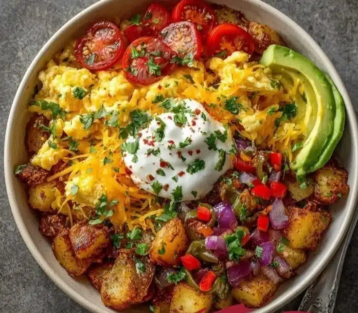 Hearty breakfast bowl with potatoes and Mexican flavors for a delicious morning meal.