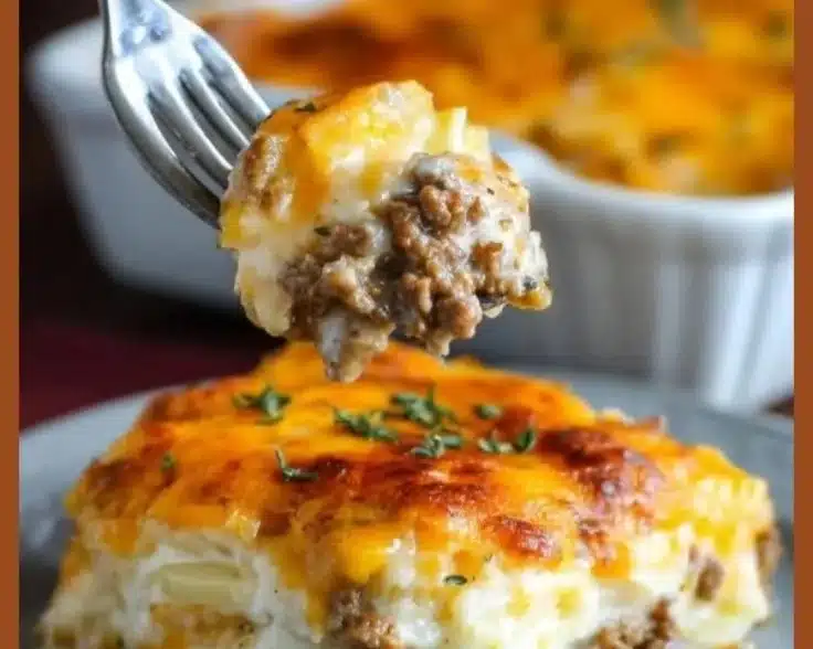 Delicious Hobo Beef Casserole served hot in a casserole dish.