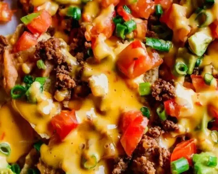 Plate of homemade nachos with ground beef and cheese, ready to enjoy