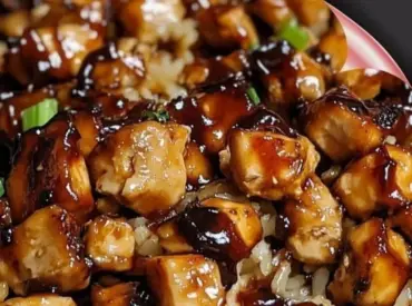 Delicious Honey BBQ Chicken Rice served with fresh greens