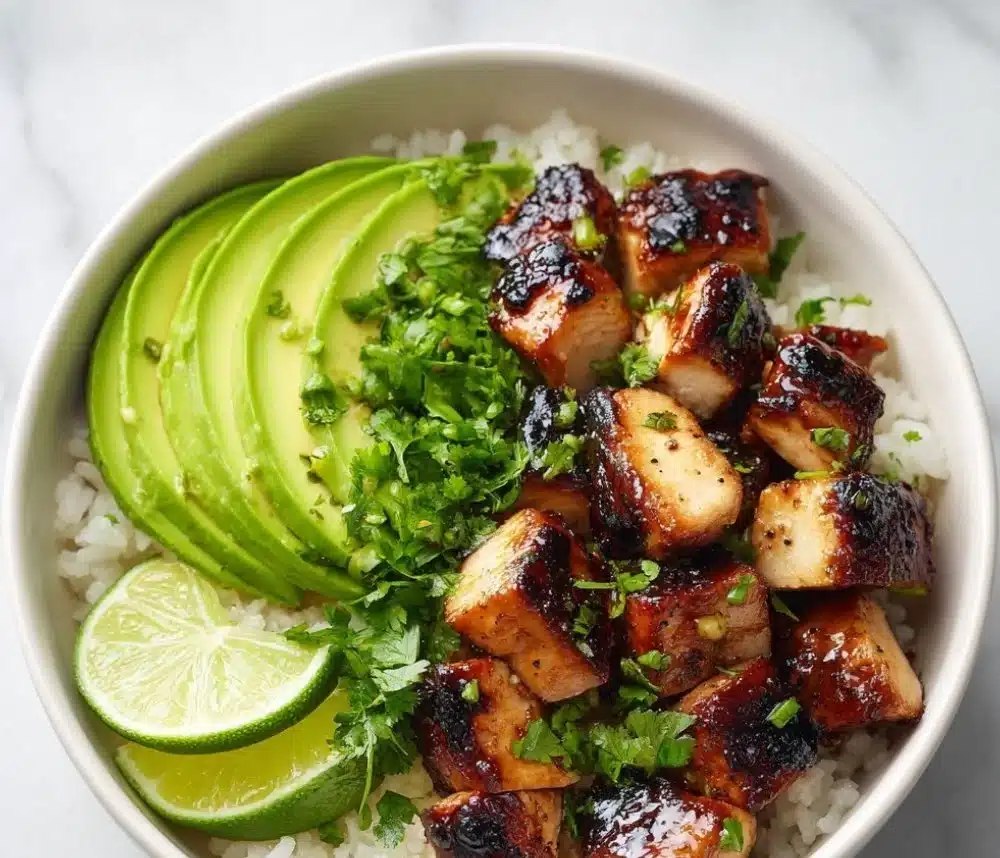 Delicious Honey Lime Chicken served with creamy avocado rice.