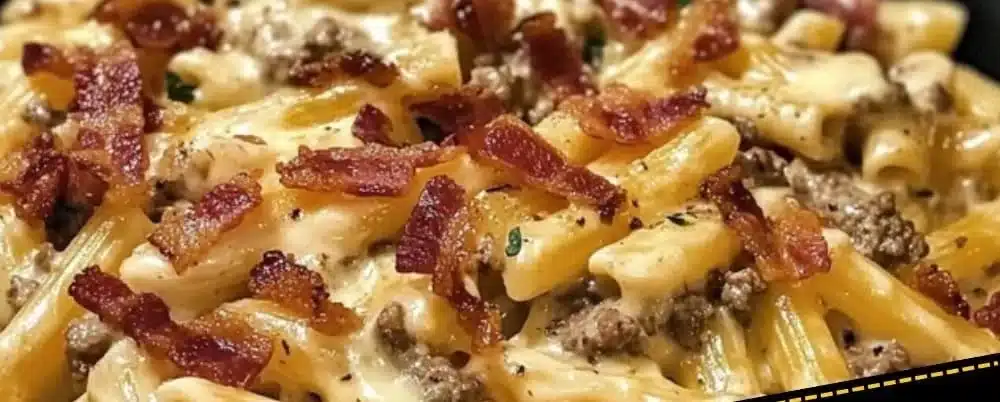 Creamy loaded bacon cheeseburger pasta in a bowl with toppings.