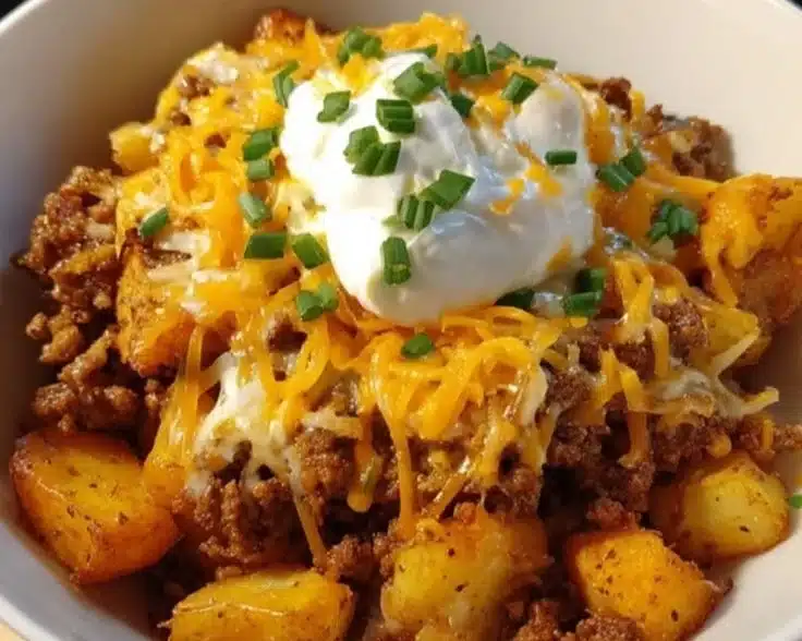Delicious loaded potato bowls topped with cheese, bacon, and green onions.