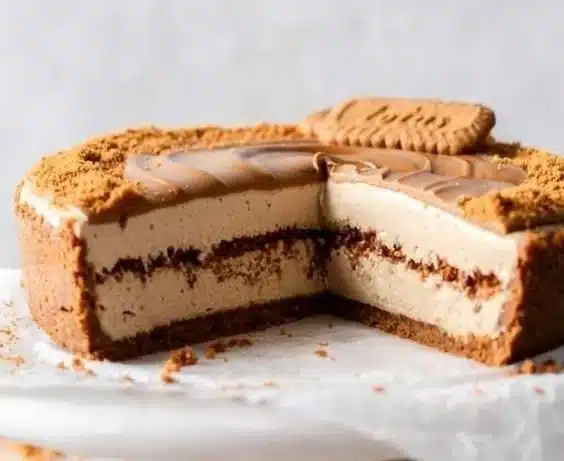 No bake Biscoff cheesecake topped with cookie crumbs and drizzled sauce