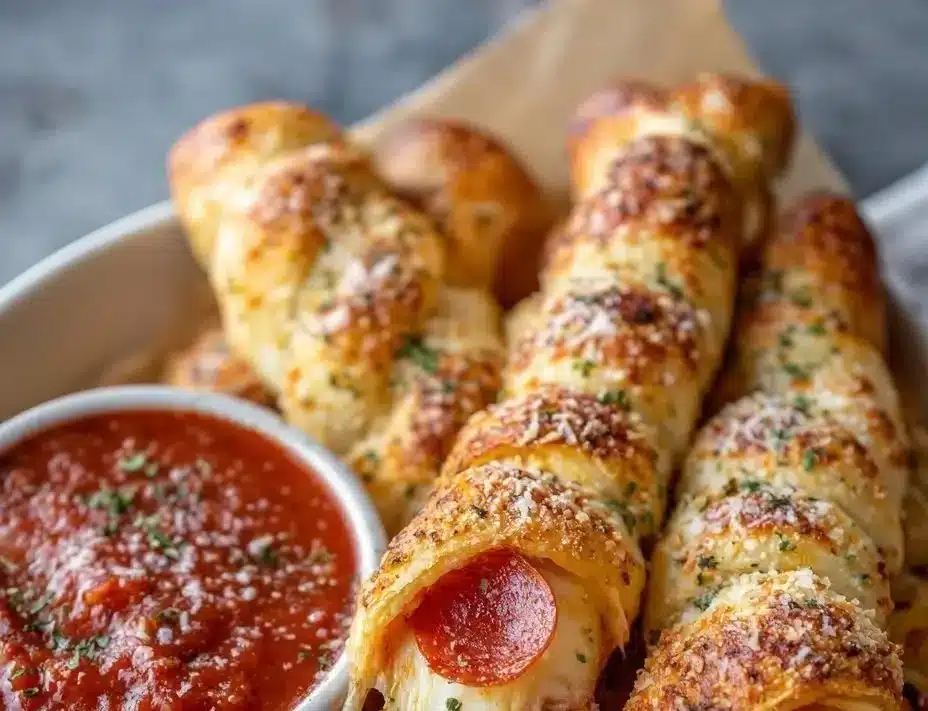 Delicious Pepperoni Pizza Roll Breadsticks served with marinara sauce