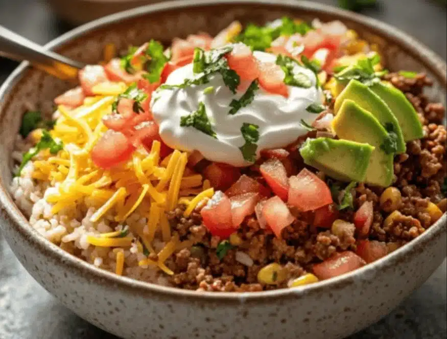 Quick and Easy Taco Rice Bowl Supreme recipe with colorful ingredients