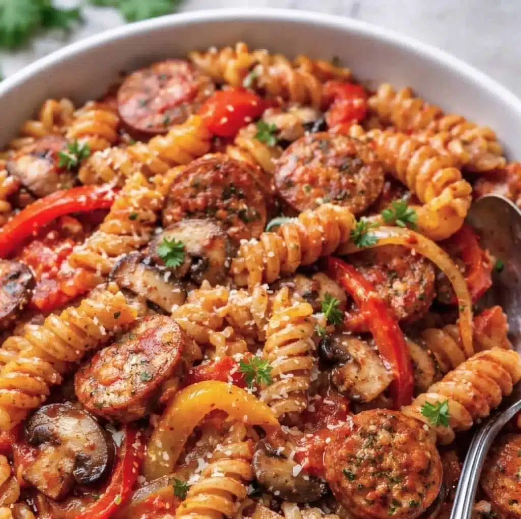 Sausage, Peppers and Mushrooms Pasta dish served in a bowl