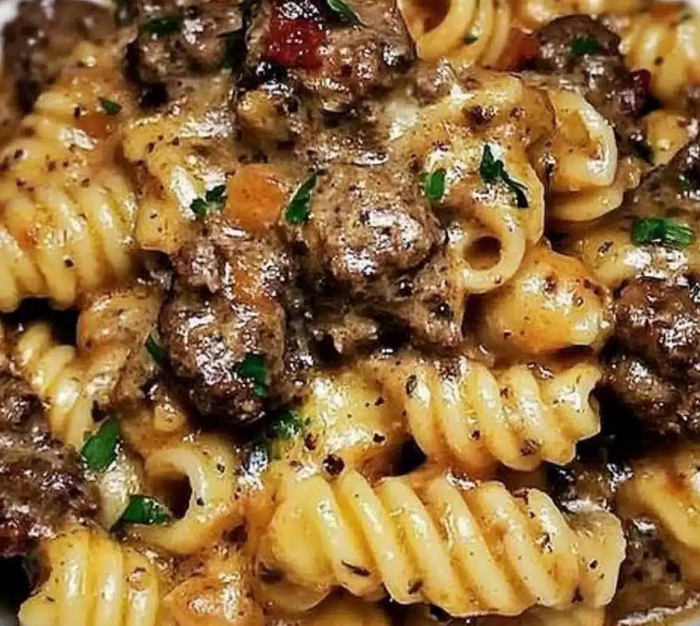 Creamy smoky paprika steak shells garnished and plated for a delicious meal.