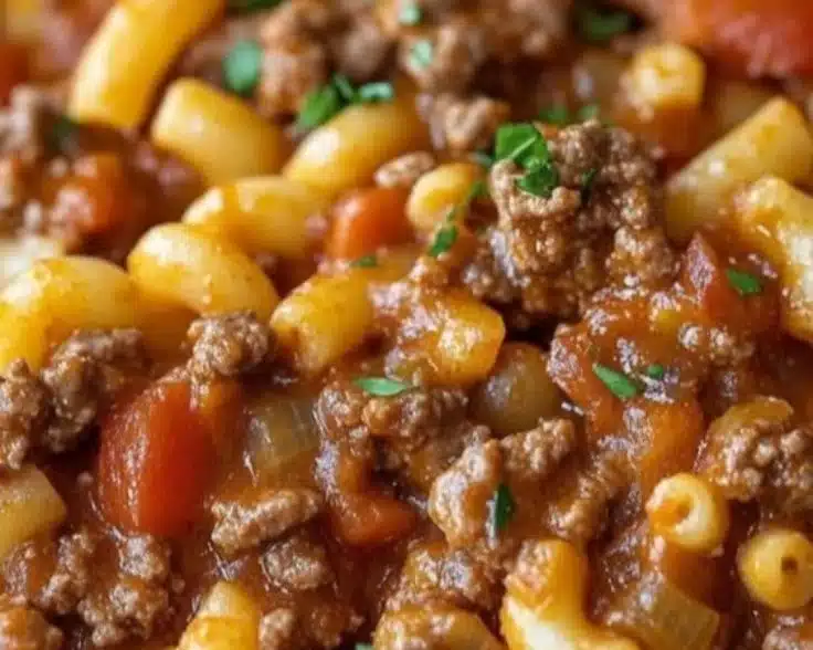 Delicious serving of Southern Goulash in a bowl with herbs and spices