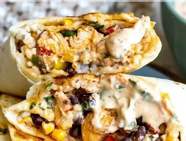Delicious Southwest Chicken Wrap served on a wooden plate with fresh ingredients.