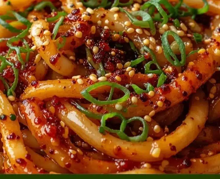 Spicy chili garlic udon noodles garnished with scallions and sesame seeds