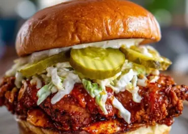 Spicy Nashville Hot Chicken Sandwich garnished with pickles and served on a bun